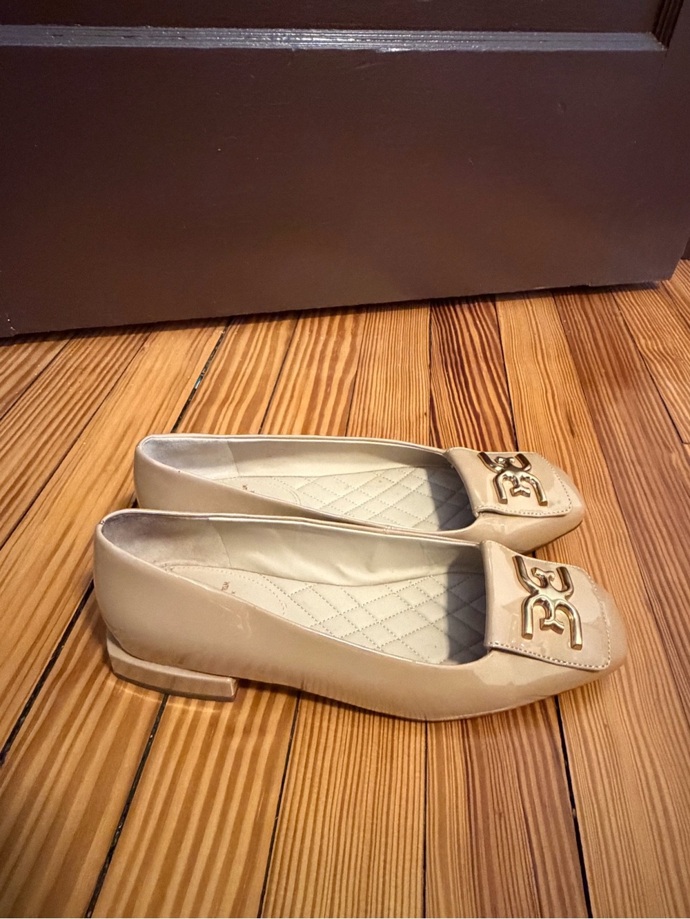 Sam Edelman Nude Patent Loafers with Gold Chain Detail